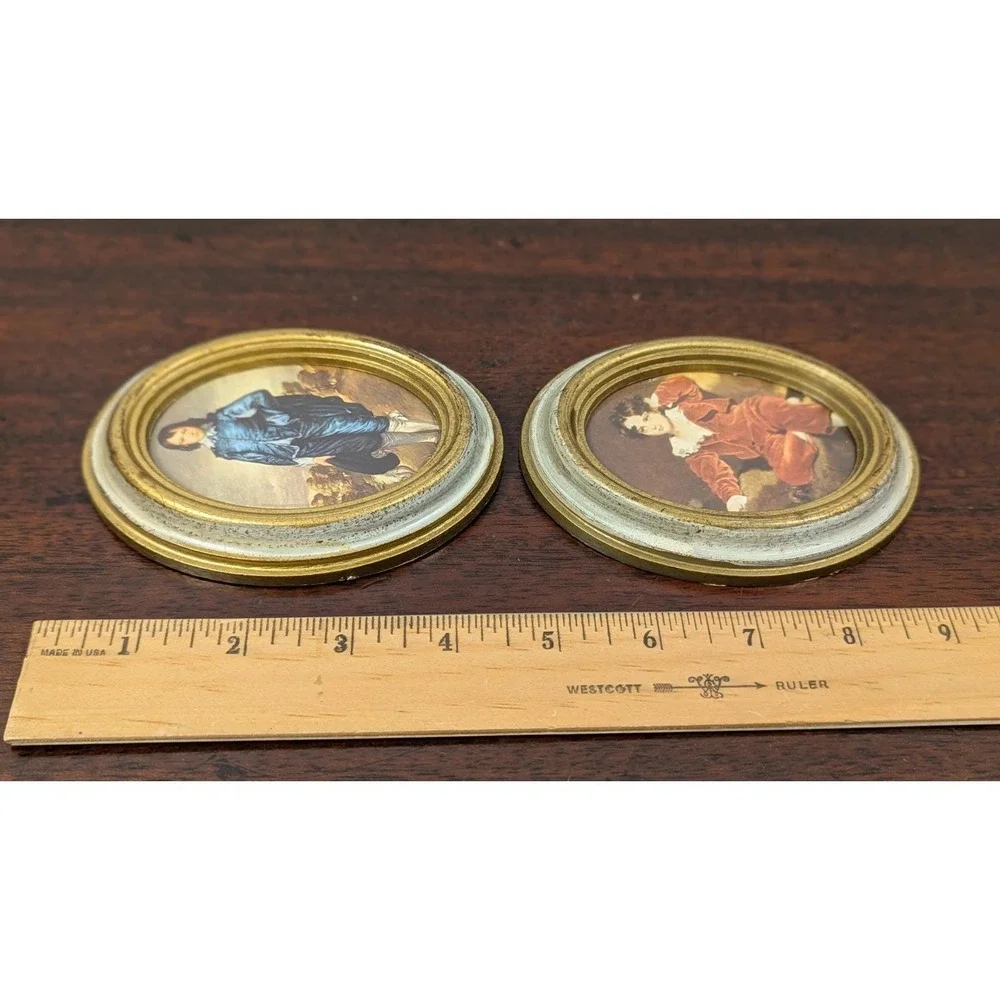 Vintage Hollywood Regency Italian Oval Frames Blue Boy Red Boy Wall Art Pair